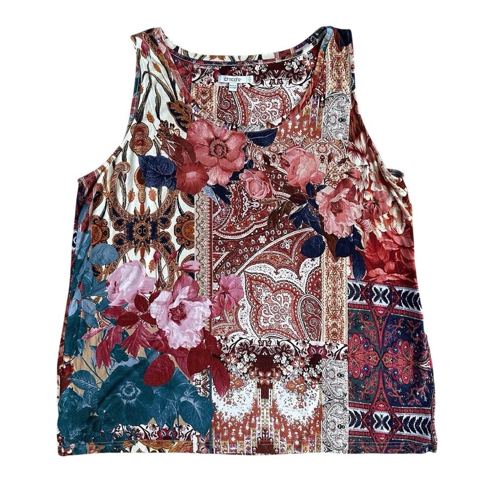 Chicos Tank Top Women 3 US XL Red Sleeveless Pullover‎ Stretch Floral Paisley